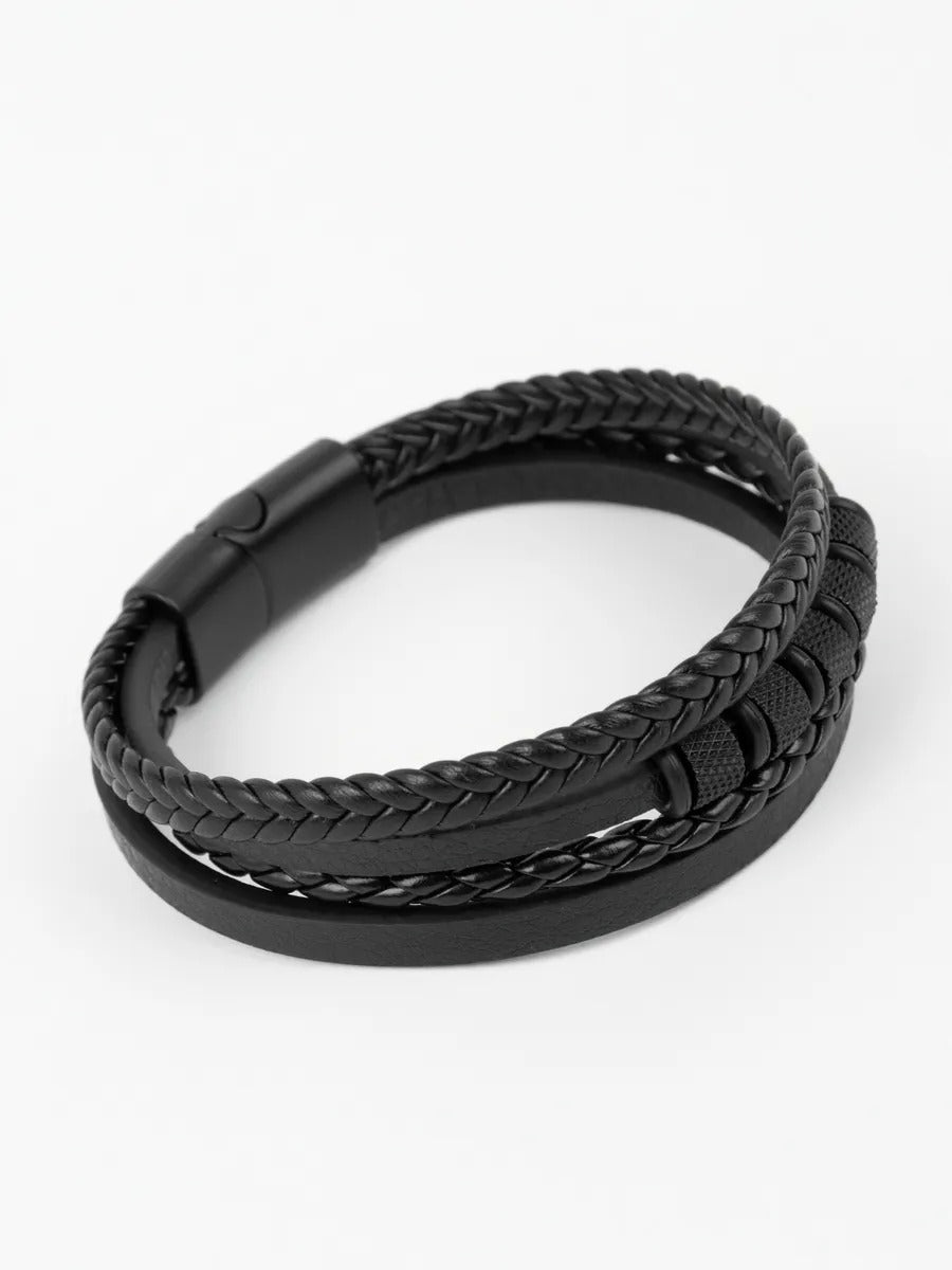 Bracelet en cuir tressé homme, acier inoxydable, multi - rangs, au style moderne, modèle Faron - Bracelet - Noir S