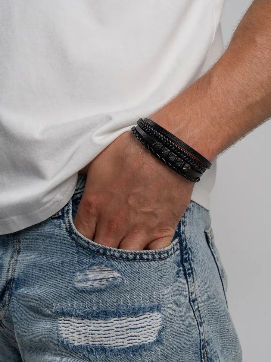 Bracelet en cuir tressé homme, acier inoxydable, multi - rangs, au style moderne, modèle Faron - Bracelet - Noir S