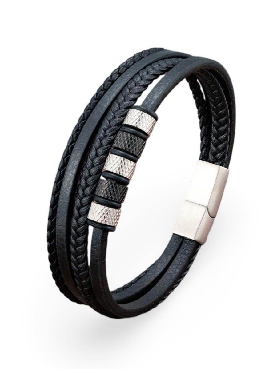 Bracelet en cuir tressé homme, acier inoxydable, multi - rangs, au style moderne, modèle Faron - Bracelet - Noir et argent S