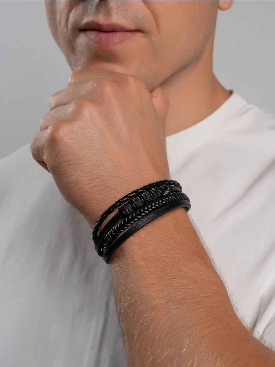 Bracelet en cuir tressé homme, acier inoxydable, multi - rangs, au style moderne, modèle Faron - Bracelet - Noir S