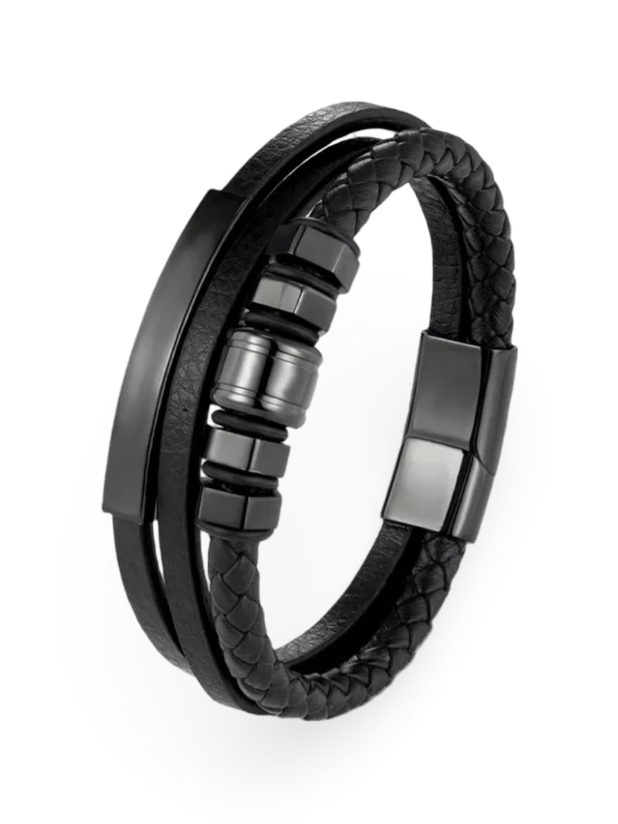 Bracelet en cuir tressé homme, acier inoxydable, multi - rangs, fermoir magnétique, modèle Cassien - Bracelet - Noir S