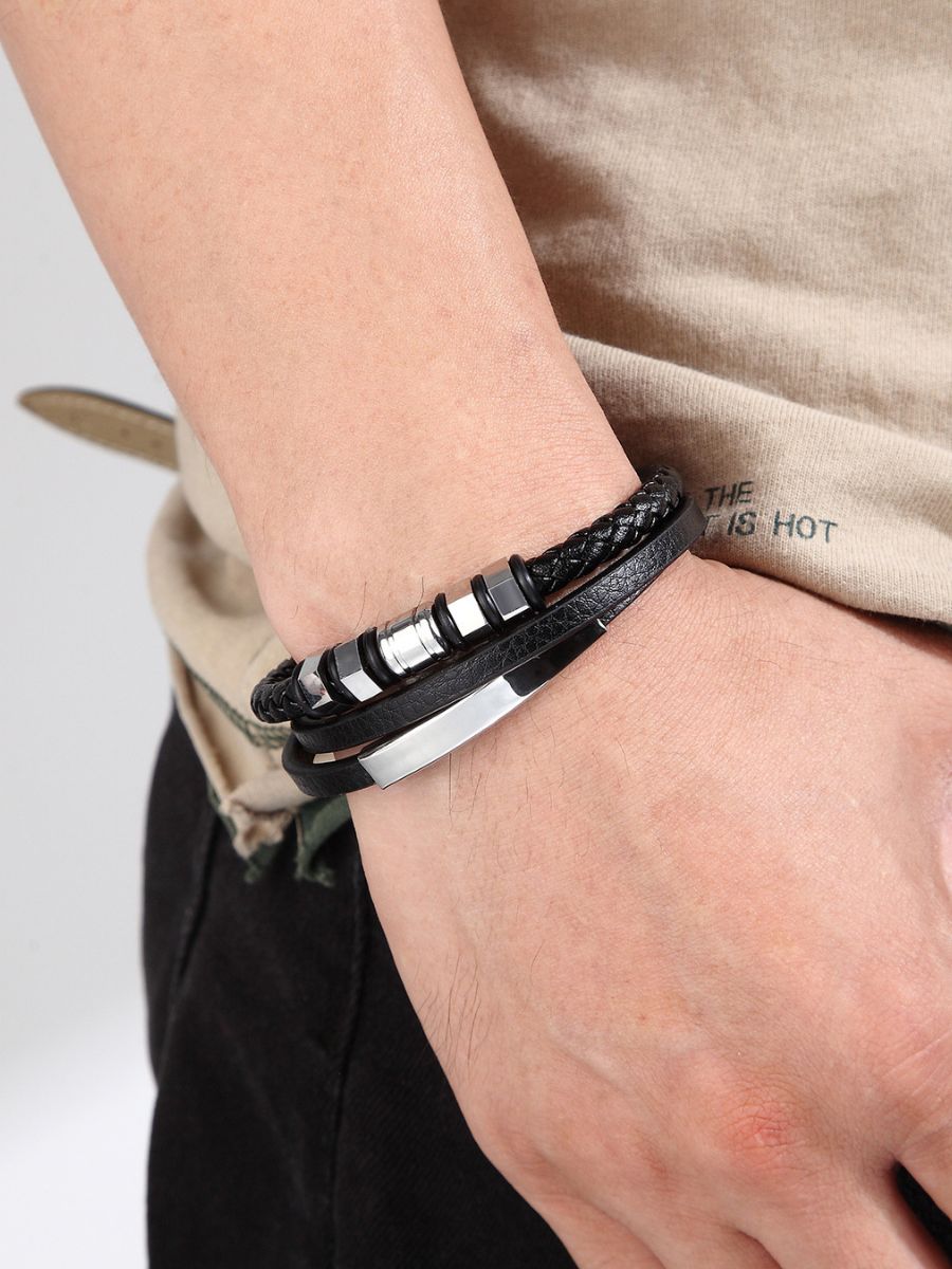 Bracelet en cuir tressé homme, acier inoxydable, multi - rangs, fermoir magnétique, modèle Cassien - Bracelet - Noir et argent S