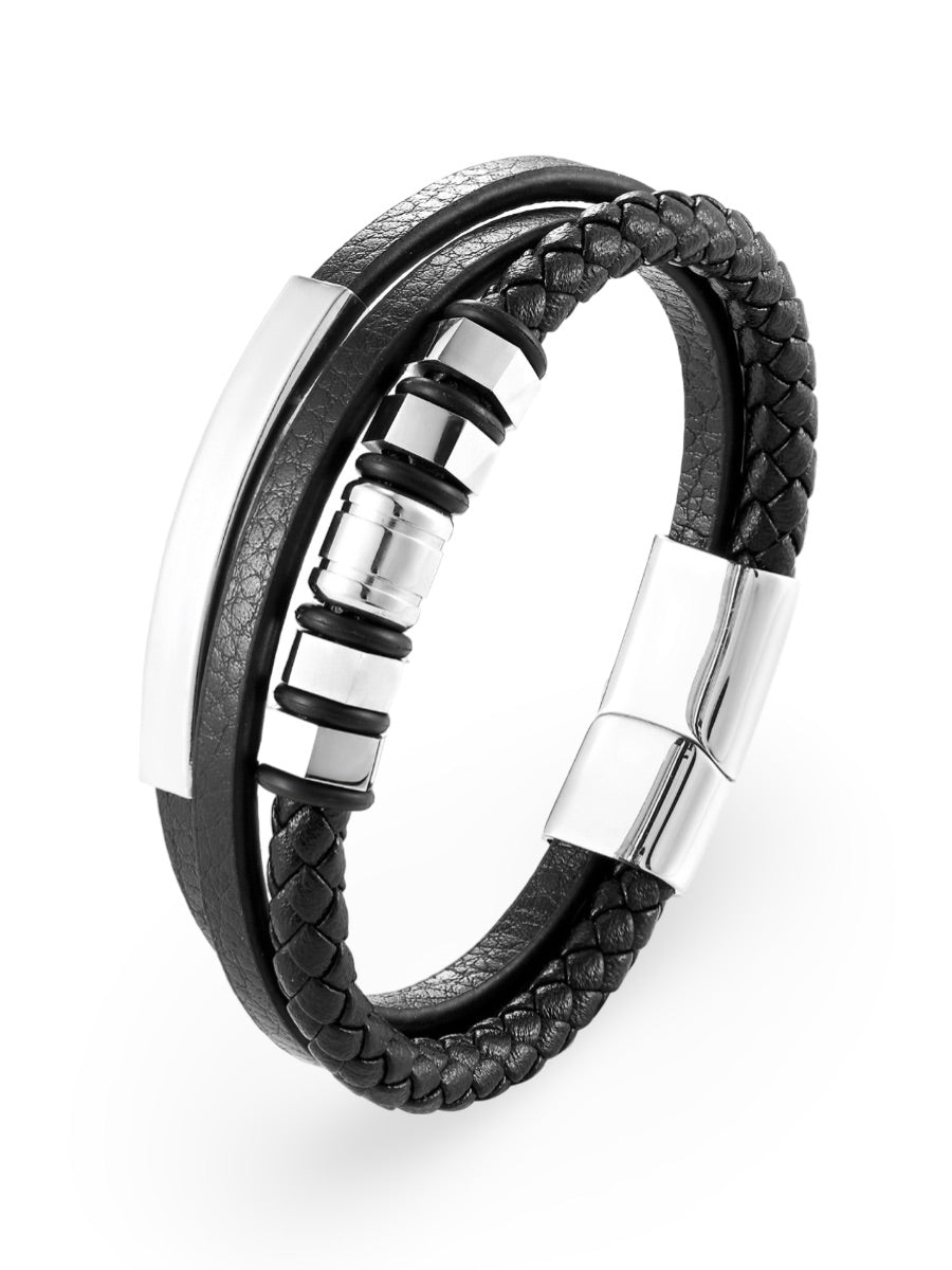 Bracelet en cuir tressé homme, acier inoxydable, multi - rangs, fermoir magnétique, modèle Cassien - Bracelet - Noir et argent S