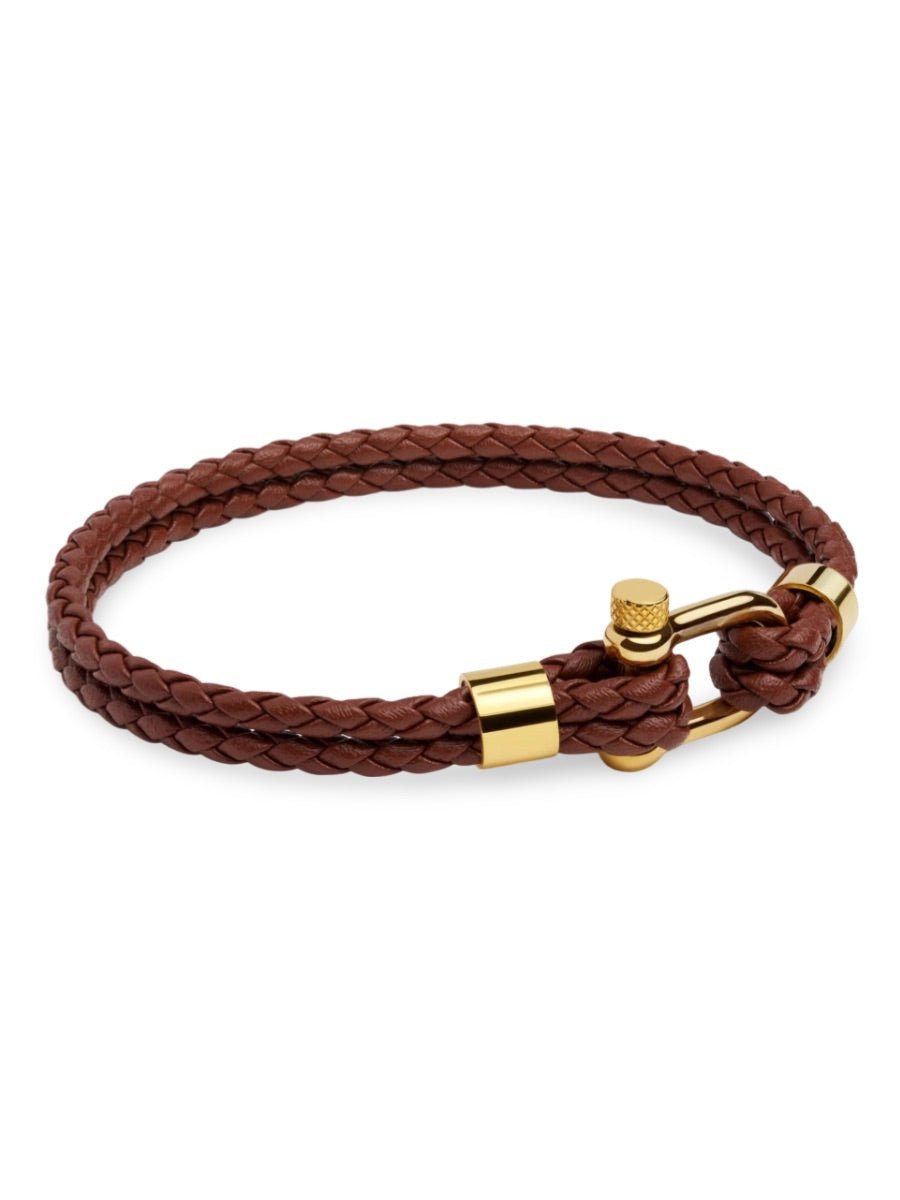 Bracelet en cuir tressé homme, fermoir à manille en acier inoxydable, style moderne et raffiné, modèle Calypso - Bracelet - Marron et or S