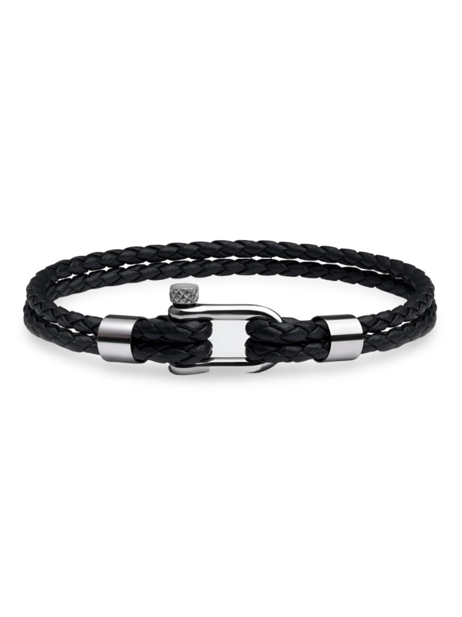 Bracelet en cuir tressé homme, fermoir à manille en acier inoxydable, style moderne et raffiné, modèle Calypso - Bracelet - Noir et argent S