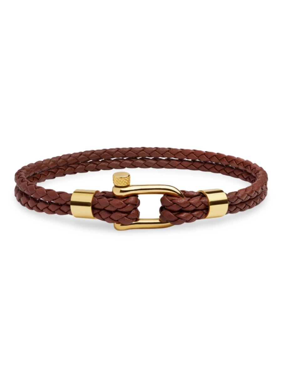 Bracelet en cuir tressé homme, fermoir à manille en acier inoxydable, style moderne et raffiné, modèle Calypso - Bracelet - Marron et or S