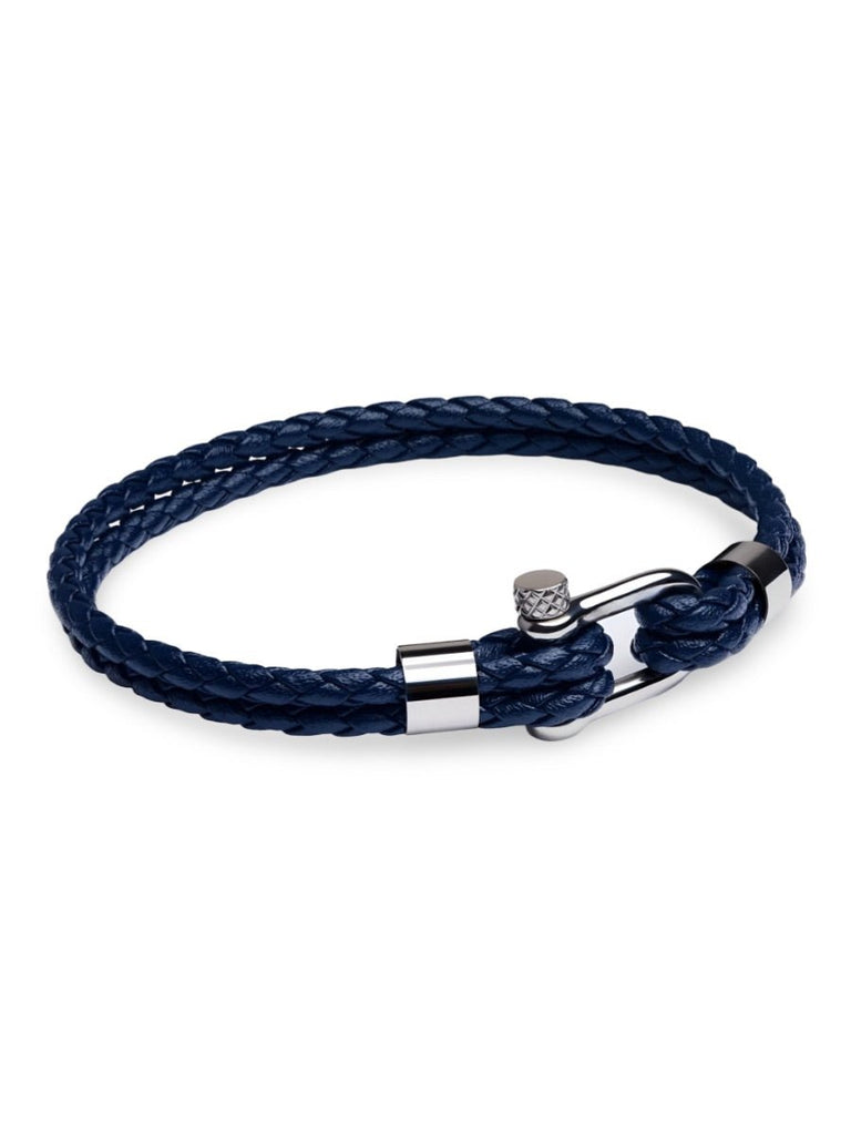 Bracelet en cuir tressé homme, fermoir à manille en acier inoxydable, style moderne et raffiné, modèle Calypso - Bracelet - Bleu et argent S