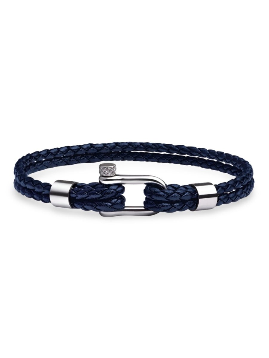 Bracelet en cuir tressé homme, fermoir à manille en acier inoxydable, style moderne et raffiné, modèle Calypso - Bracelet - Bleu et argent S