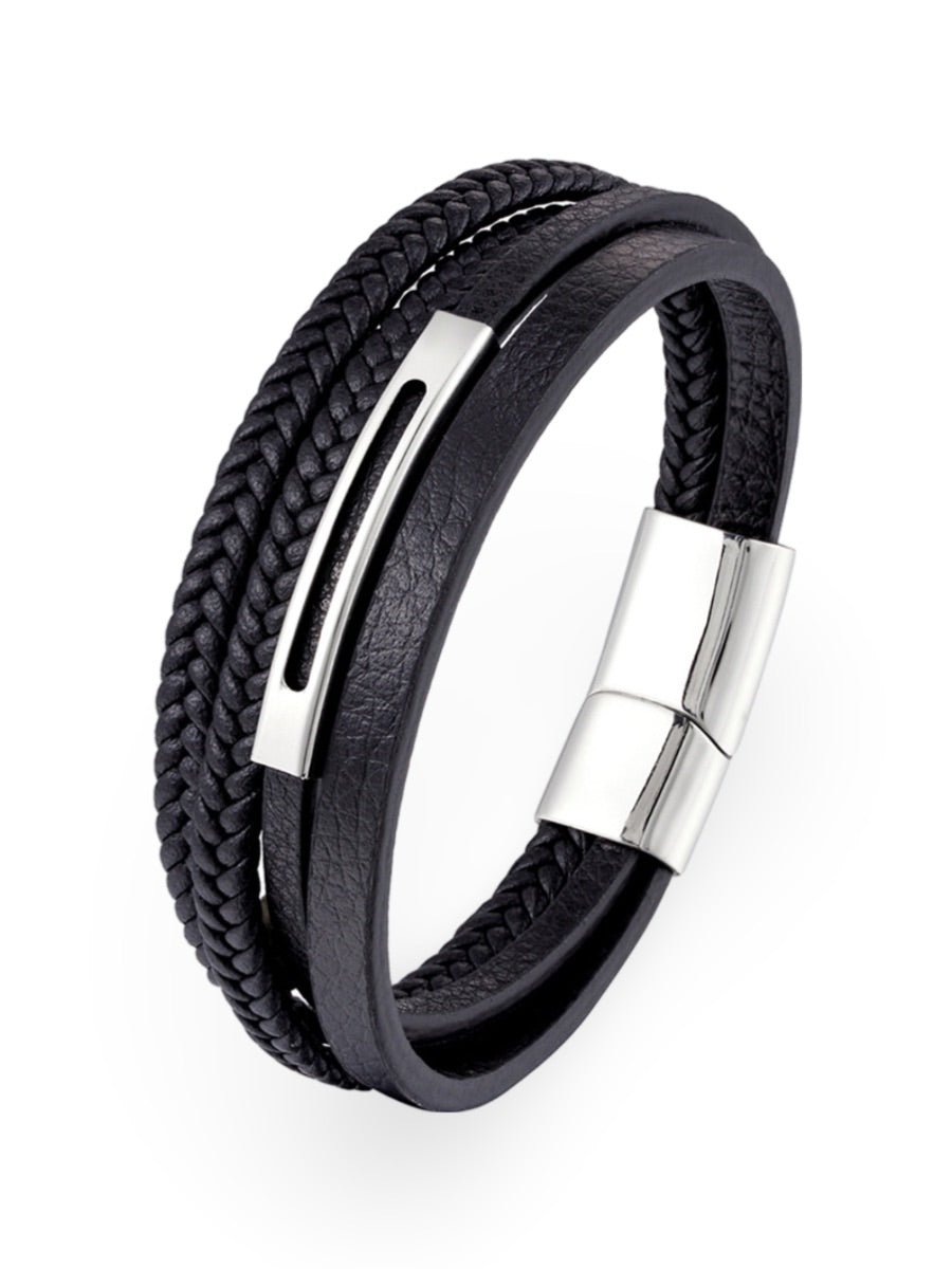 Bracelet en cuir tressé homme, multi - rangs, acier inoxydable, fermoir magnétique, modèle Diogène - Bracelet - Noir et argent S