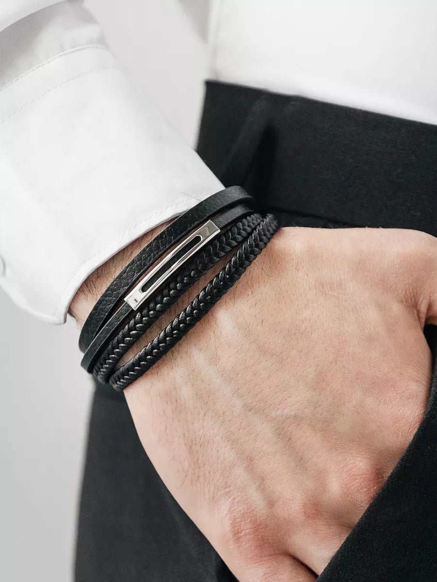 Bracelet en cuir tressé homme, multi - rangs, acier inoxydable, fermoir magnétique, modèle Diogène - Bracelet - Noir et argent S