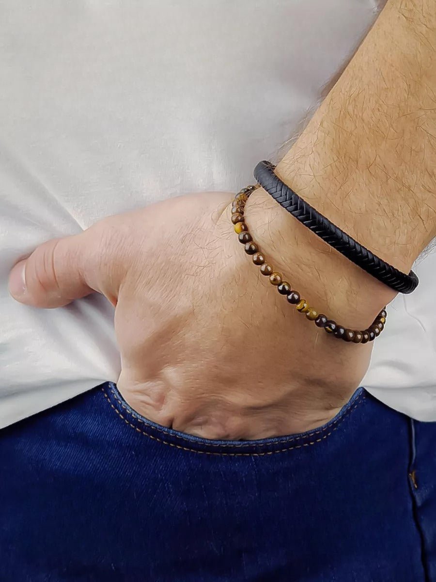 Bracelet en cuir tressé, pierres en œil de tigre, fermoir magnétique, bijou homme, modèle Deny - Bracelet - Œil de tigre S