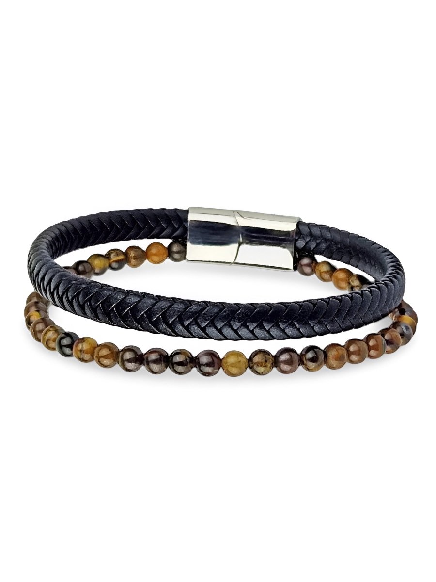 Bracelet en cuir tressé, pierres en œil de tigre, fermoir magnétique, bijou homme, modèle Deny - Bracelet - Œil de tigre S