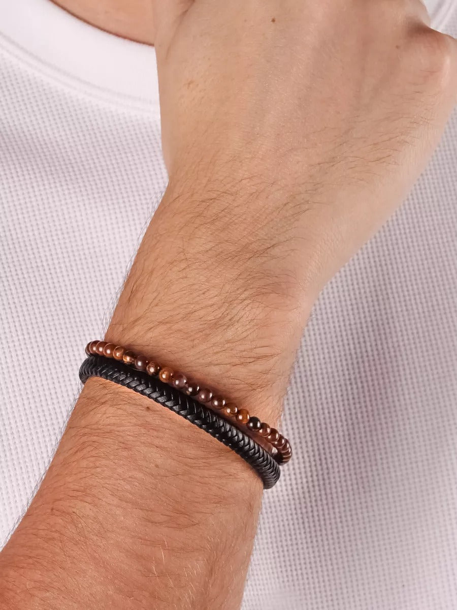 Bracelet en cuir tressé, pierres en œil de tigre, fermoir magnétique, bijou homme, modèle Deny - Bracelet - Œil de tigre S