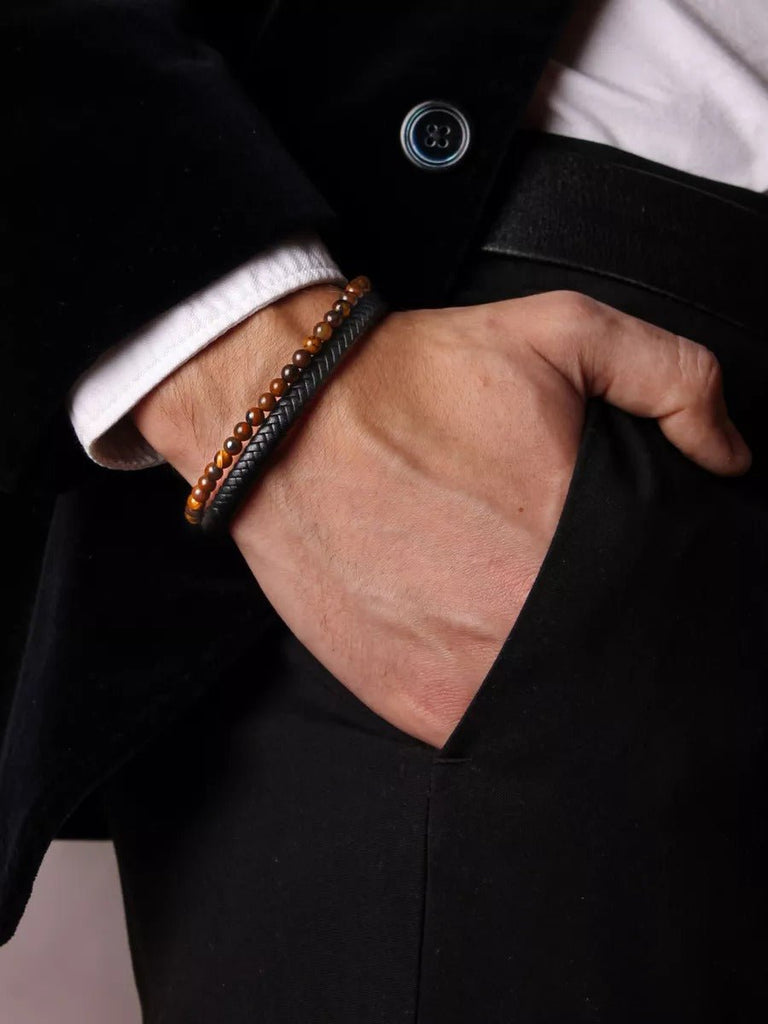 Bracelet en cuir tressé, pierres en œil de tigre, fermoir magnétique, bijou homme, modèle Deny - Bracelet - Œil de tigre S