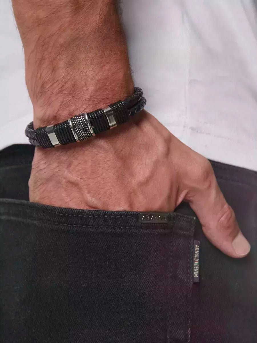 Bracelet en cuir tressé pour homme, détails en acier inoxydable, style tendance, modèle Juan - Bracelet - Noir et argent S