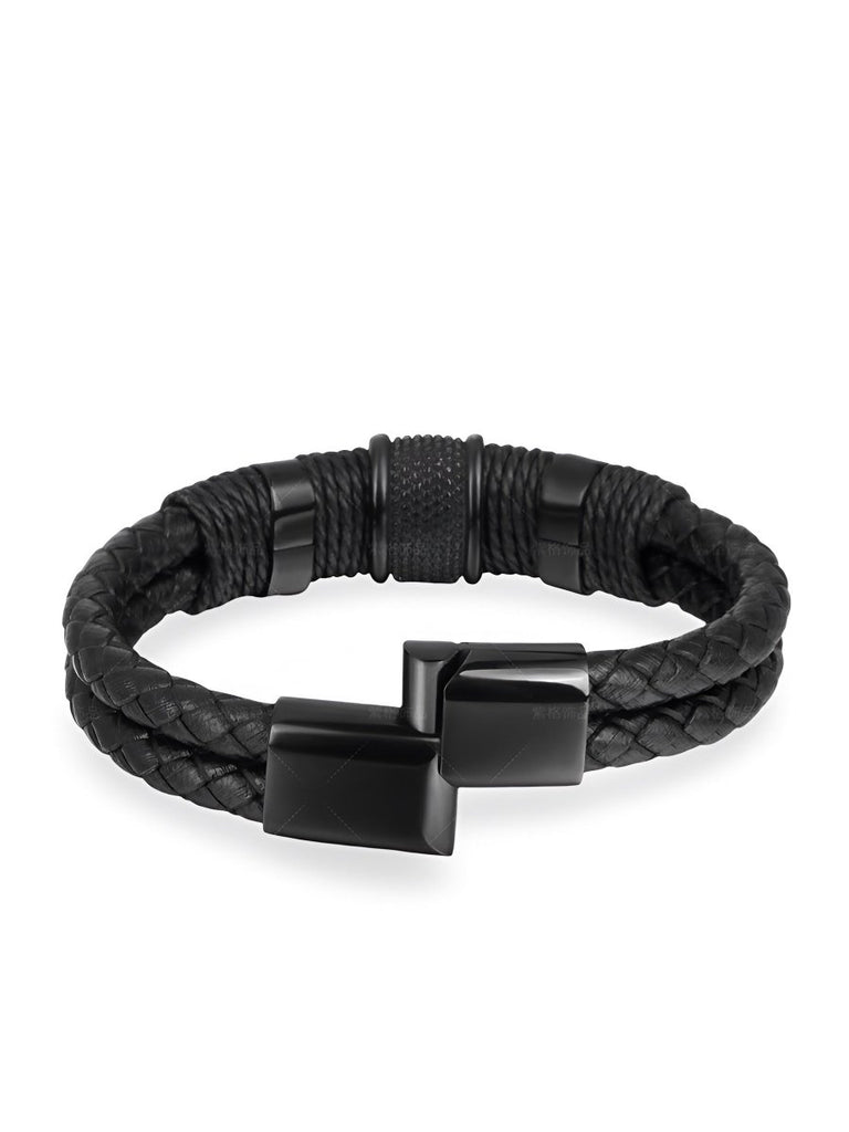 Bracelet en cuir tressé pour homme, détails en acier inoxydable, style tendance, modèle Juan - Bracelet - Noir et noir S