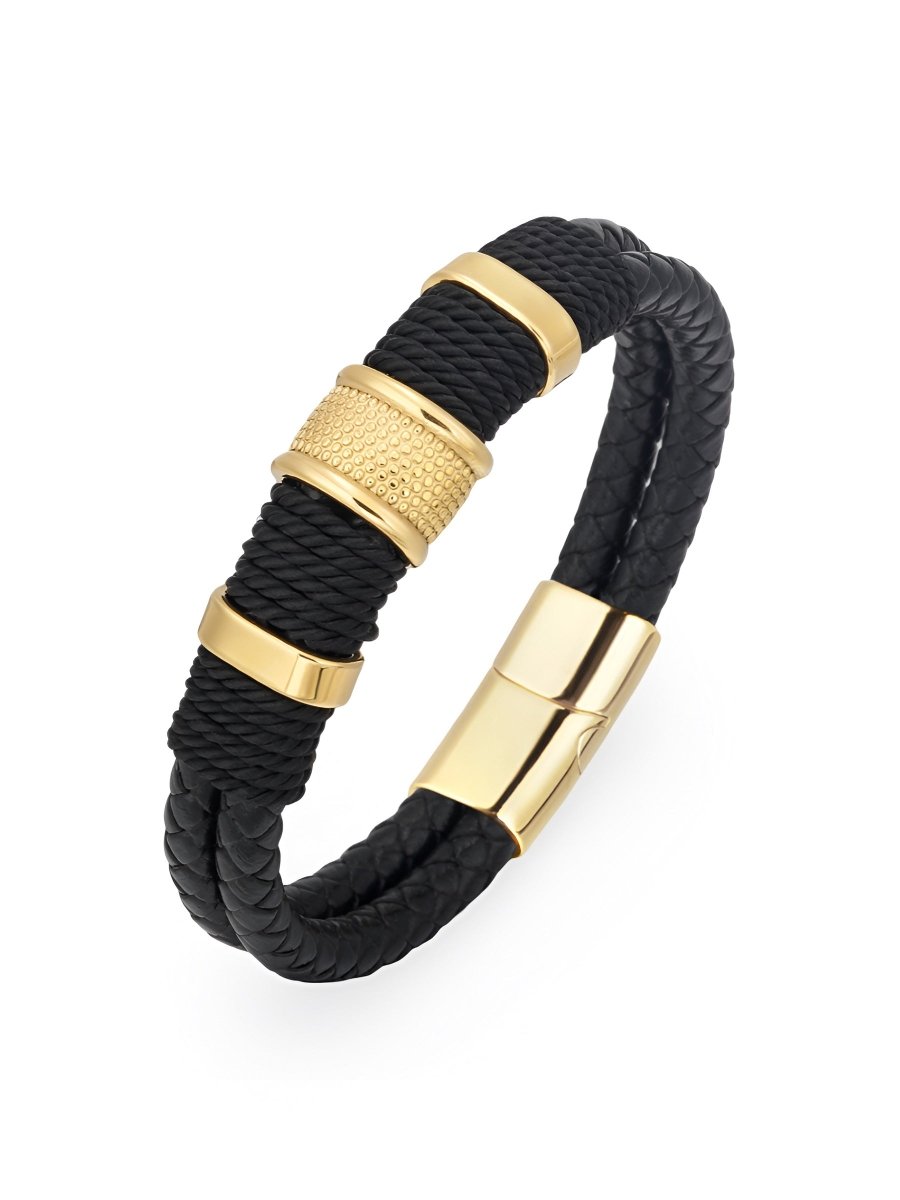 Bracelet en cuir tressé pour homme, détails en acier inoxydable, style tendance, modèle Juan - Bracelet - Noir et or S