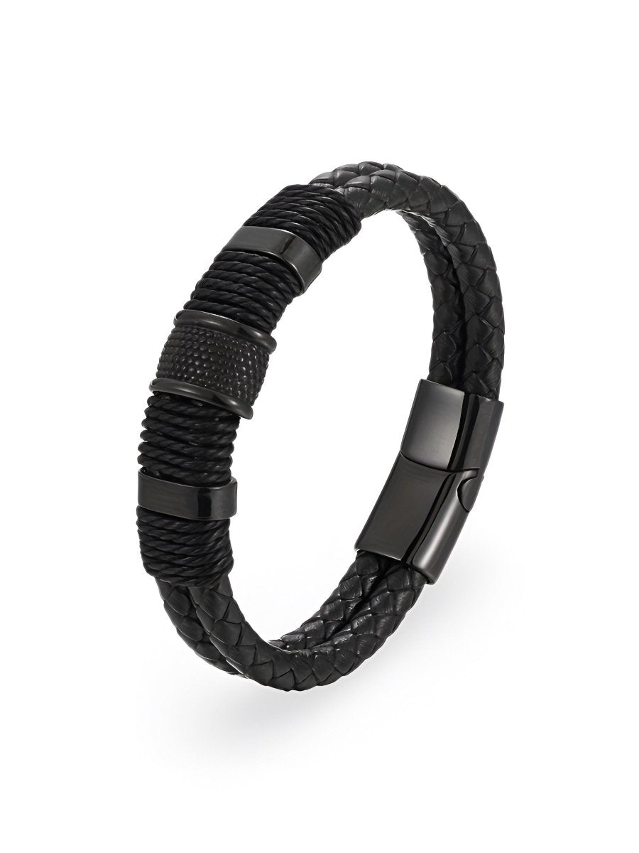 Bracelet en cuir tressé pour homme, détails en acier inoxydable, style tendance, modèle Juan - Bracelet - Noir et noir S