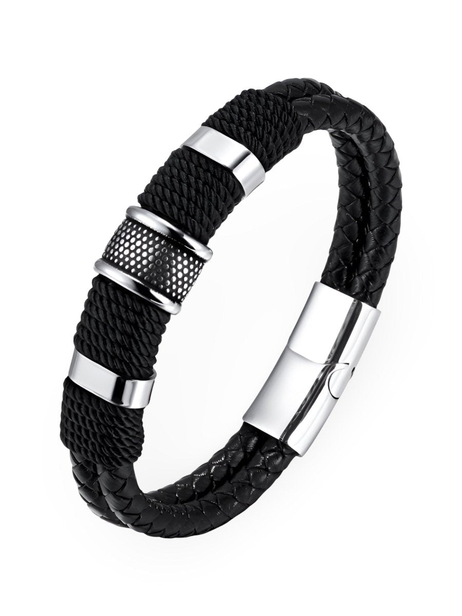 Bracelet en cuir tressé pour homme, détails en acier inoxydable, style tendance, modèle Juan - Bracelet - Noir et argent S