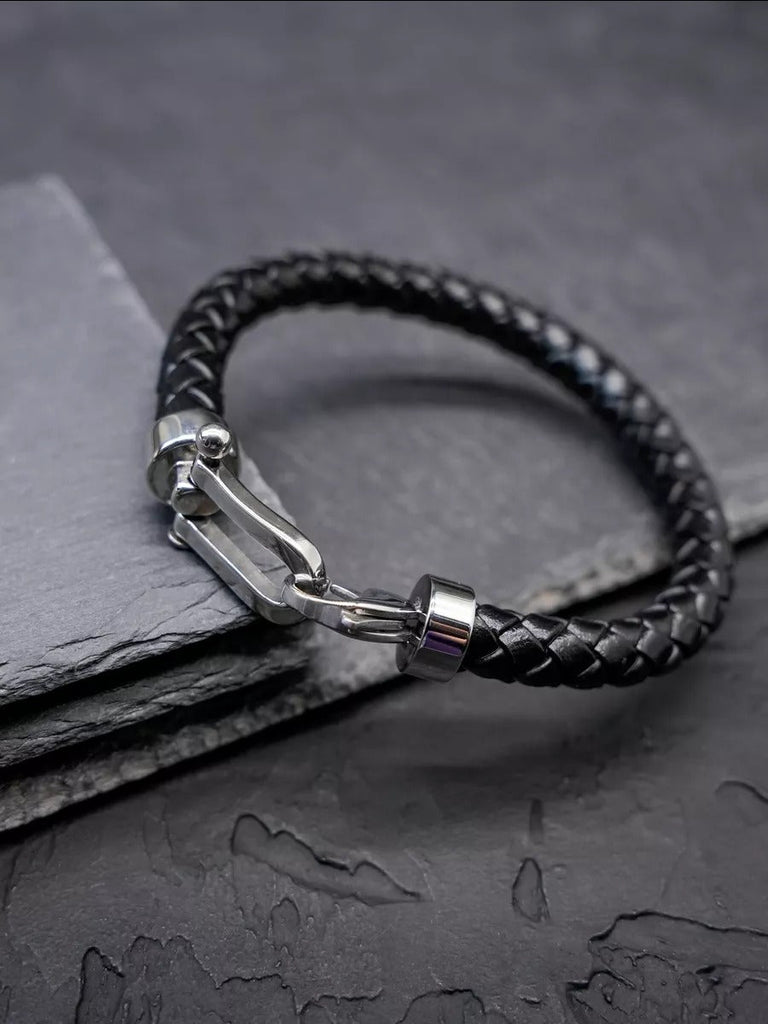 Bracelet en cuir tressé pour homme, look fer à cheval, accessoire tendance, modèle Vivien - Bracelet - Noir S