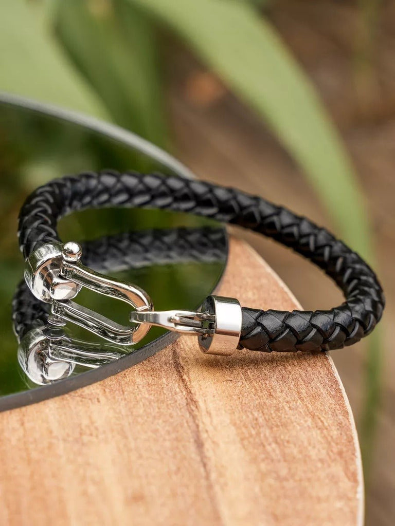 Bracelet en cuir tressé pour homme, look fer à cheval, accessoire tendance, modèle Vivien - Bracelet - Noir S