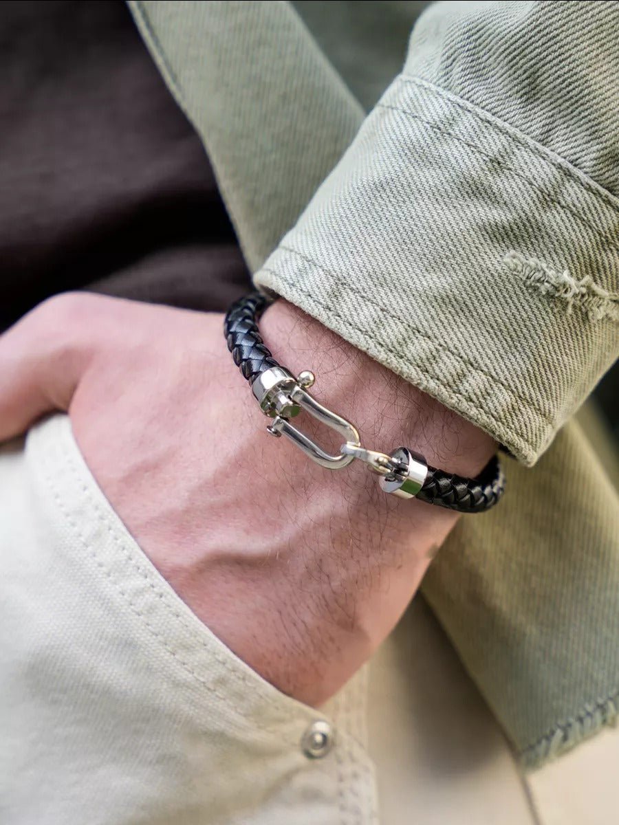 Bracelet en cuir tressé pour homme, look fer à cheval, accessoire tendance, modèle Vivien - Bracelet - Noir S