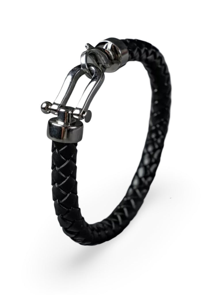 Bracelet en cuir tressé pour homme, look fer à cheval, accessoire tendance, modèle Vivien - Bracelet - Noir S