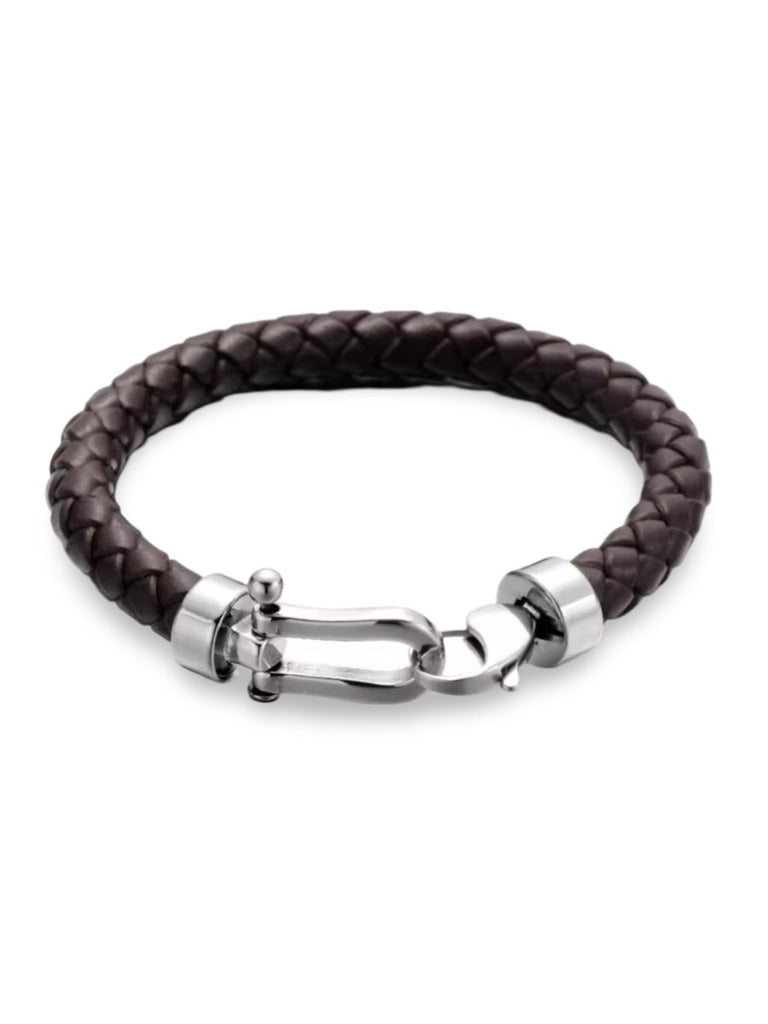 Bracelet en cuir tressé pour homme, look fer à cheval, accessoire tendance, modèle Vivien - Bracelet - Café S