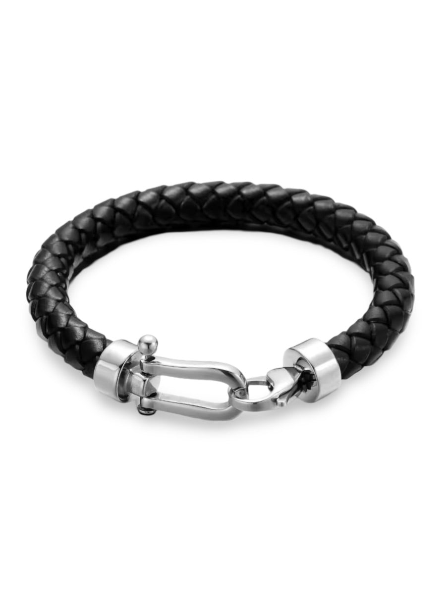 Bracelet en cuir tressé pour homme, look fer à cheval, accessoire tendance, modèle Vivien - Bracelet - Noir S