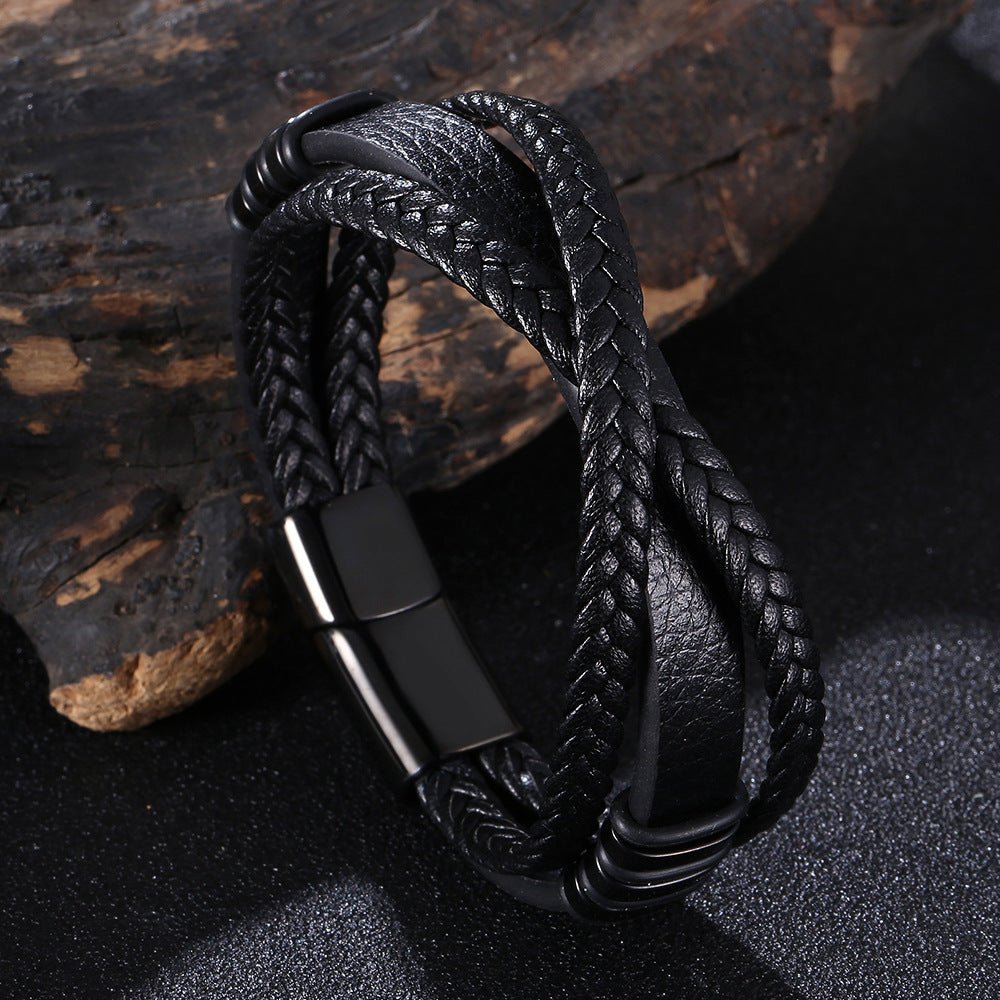 Bracelet en cuir, triple cordons entremêlés, modèle Vincent - Bracelet - Noir 17 cm