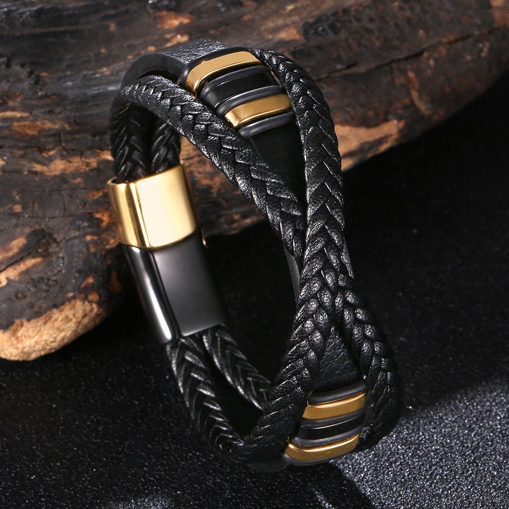 Bracelet en cuir, triple cordons entremêlés, modèle Vincent - Bracelet - Doré 17 cm