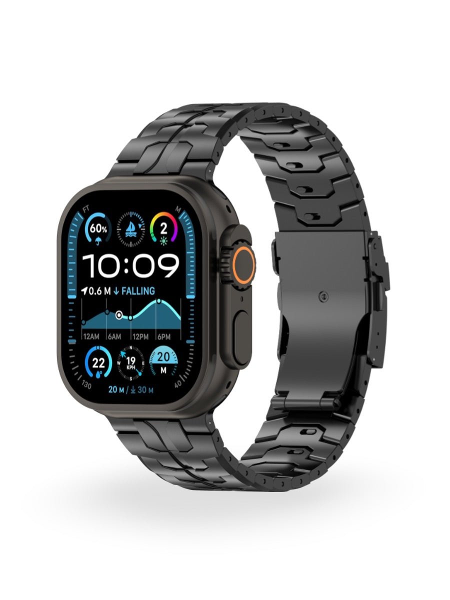 Bracelet en titane pour Apple Watch, design sculpté, ajustable et ultra - résistant, fermoir papillon sécurisé, modèle Réno - Bracelet Apple Watch - Noir 38 à 42mm