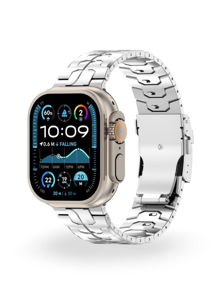 Bracelet en titane pour Apple Watch, design sculpté, ajustable et ultra - résistant, fermoir papillon sécurisé, modèle Réno - Bracelet Apple Watch - Argent 38 à 42mm