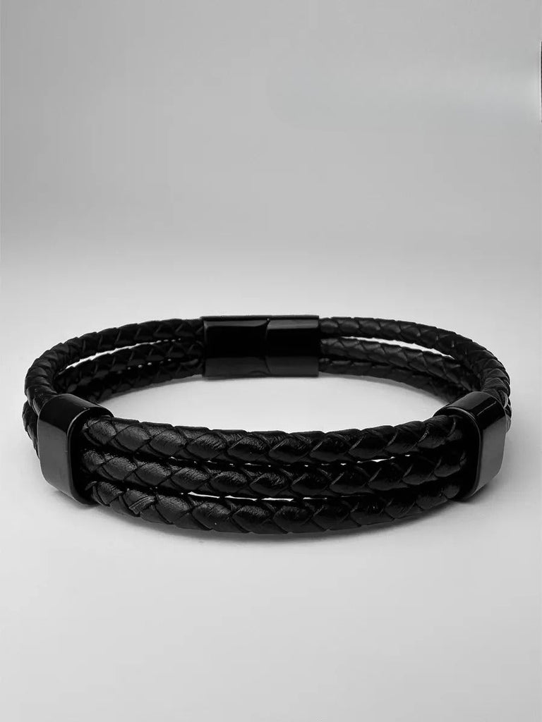 Bracelet homme cuir tressé et acier inoxydable, triple tour, fermoir magnétique, modèle Yvan - Bracelet - Noir XS