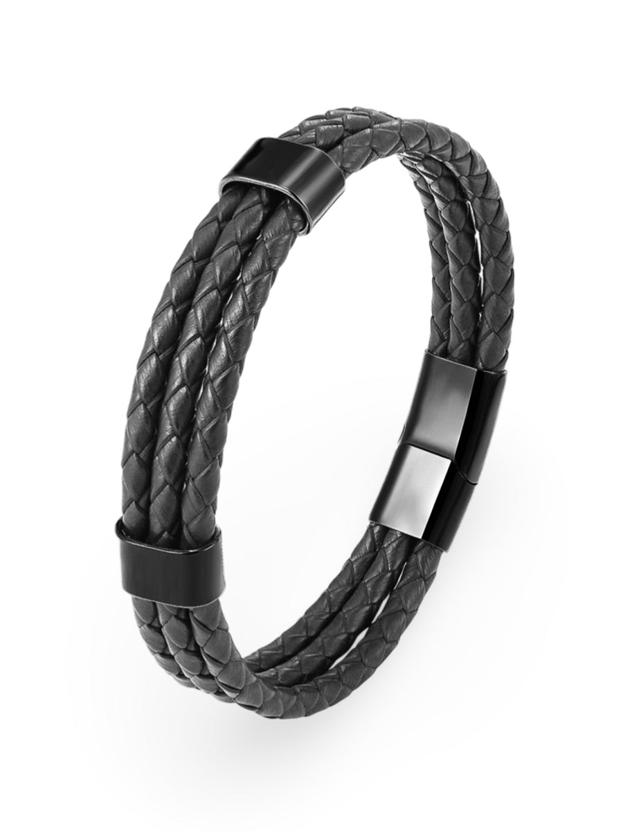 Bracelet homme cuir tressé et acier inoxydable, triple tour, fermoir magnétique, modèle Yvan - Bracelet - Noir XS