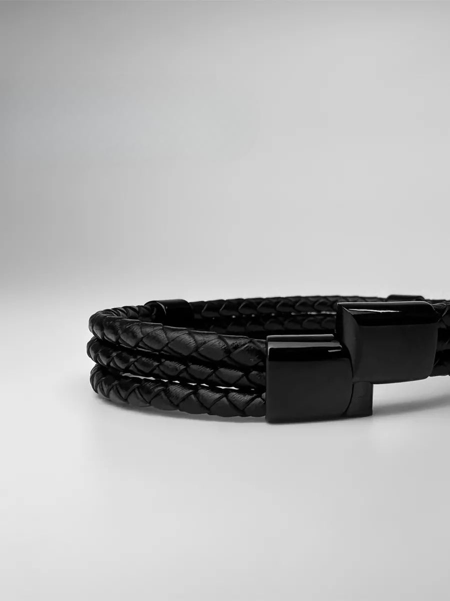 Bracelet homme cuir tressé et acier inoxydable, triple tour, fermoir magnétique, modèle Yvan - Bracelet - Noir XS