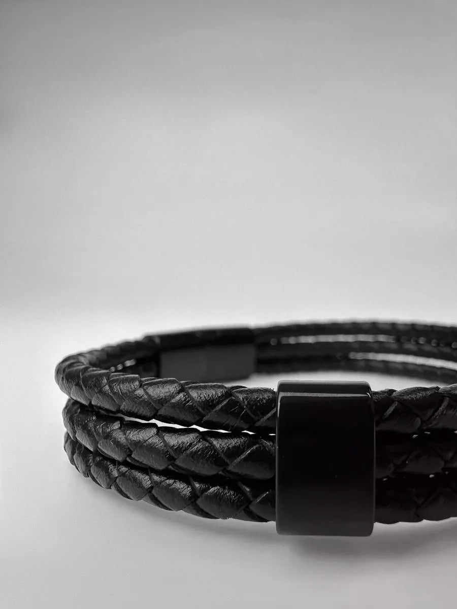 Bracelet homme cuir tressé et acier inoxydable, triple tour, fermoir magnétique, modèle Yvan - Bracelet - Noir XS