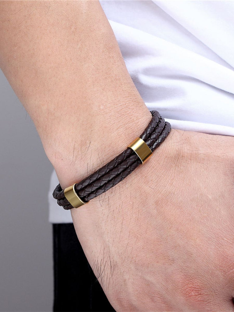 Bracelet homme cuir tressé et acier inoxydable, triple tour, fermoir magnétique, modèle Yvan - Bracelet - Marron et or XS