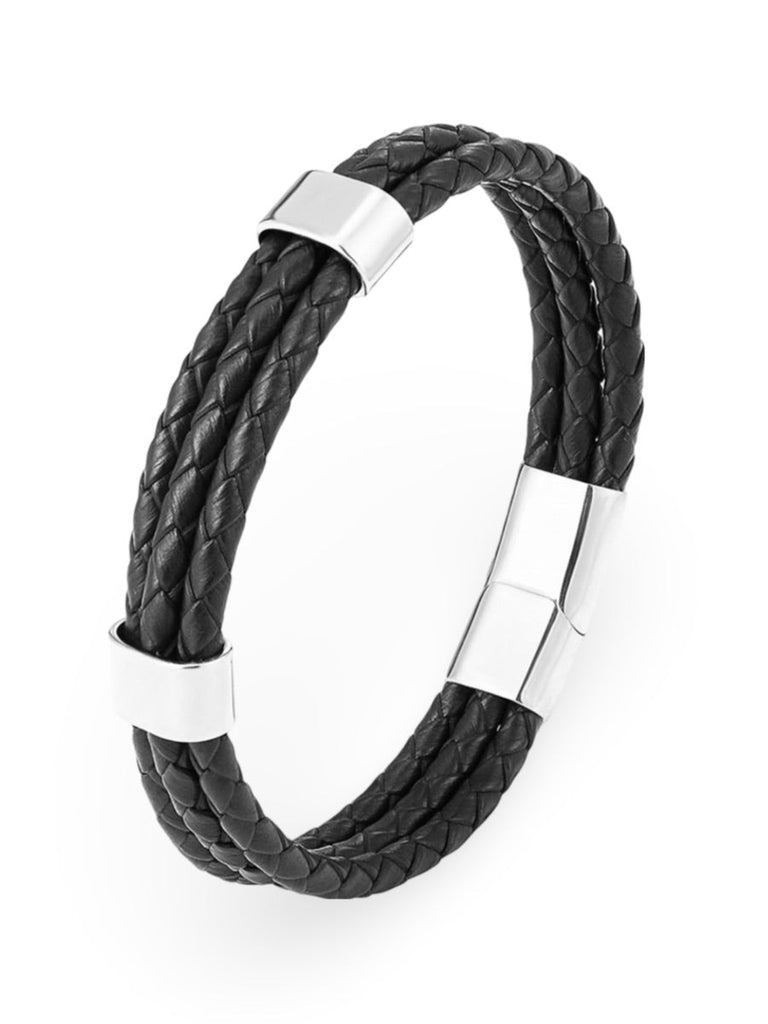 Bracelet homme cuir tressé et acier inoxydable, triple tour, fermoir magnétique, modèle Yvan - Bracelet - Noir et argent XS