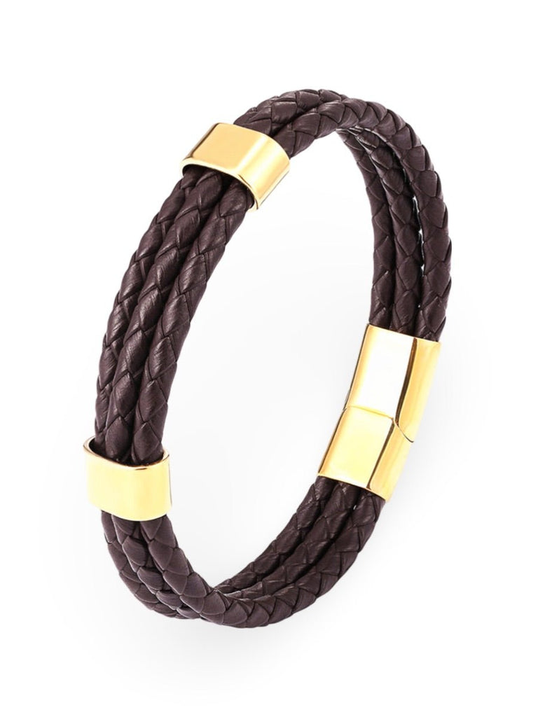 Bracelet homme cuir tressé et acier inoxydable, triple tour, fermoir magnétique, modèle Yvan - Bracelet - Marron et or XS