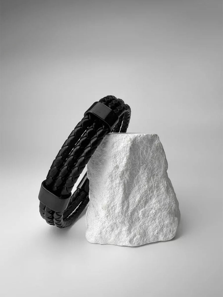 Bracelet homme cuir tressé et acier inoxydable, triple tour, fermoir magnétique, modèle Yvan - Bracelet - Noir XS