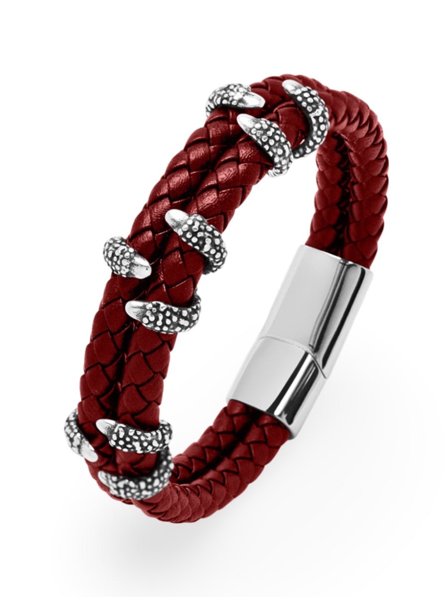 Bracelet homme cuir tressé, griffes en acier, style rock, modèle Silvère - Bracelet - Rouge S