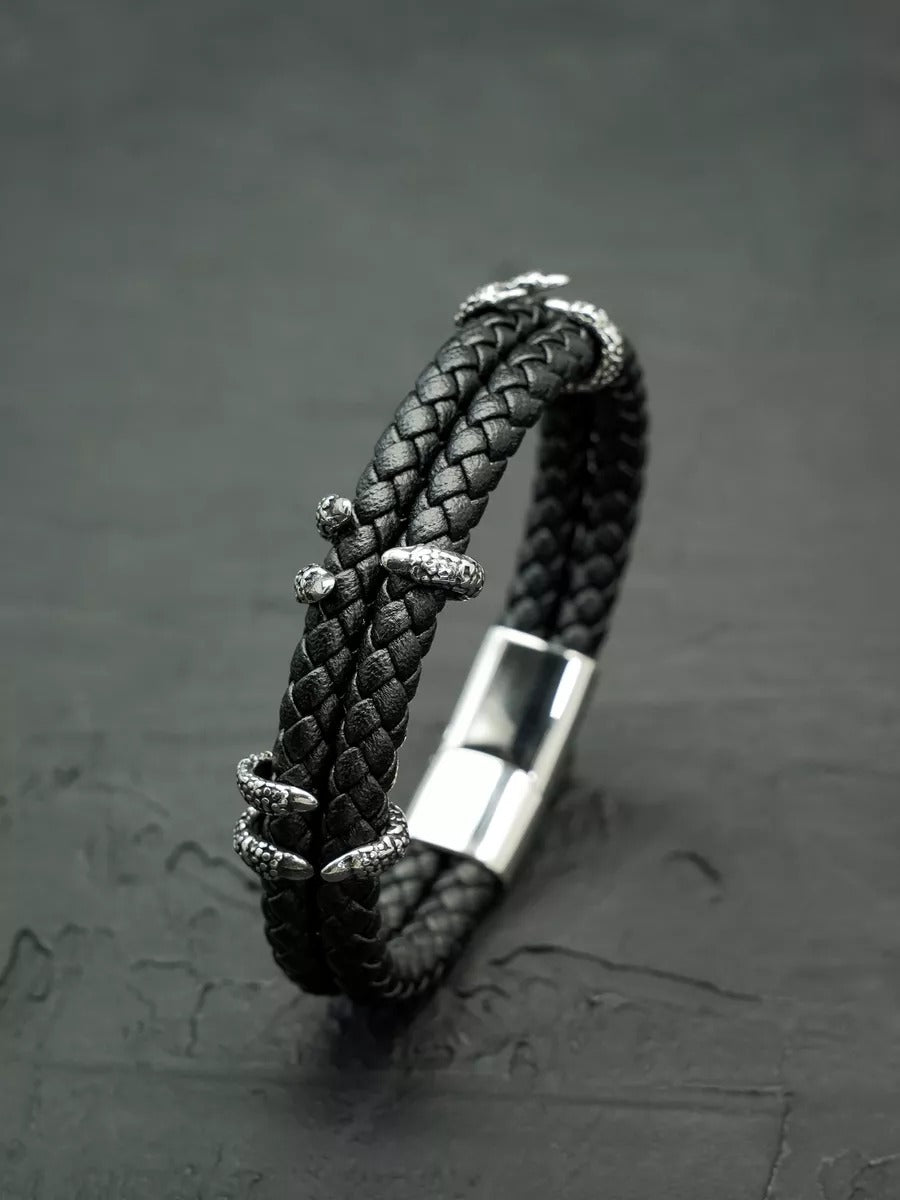 Bracelet homme cuir tressé, griffes en acier, style rock, modèle Silvère - Bracelet - Noir S