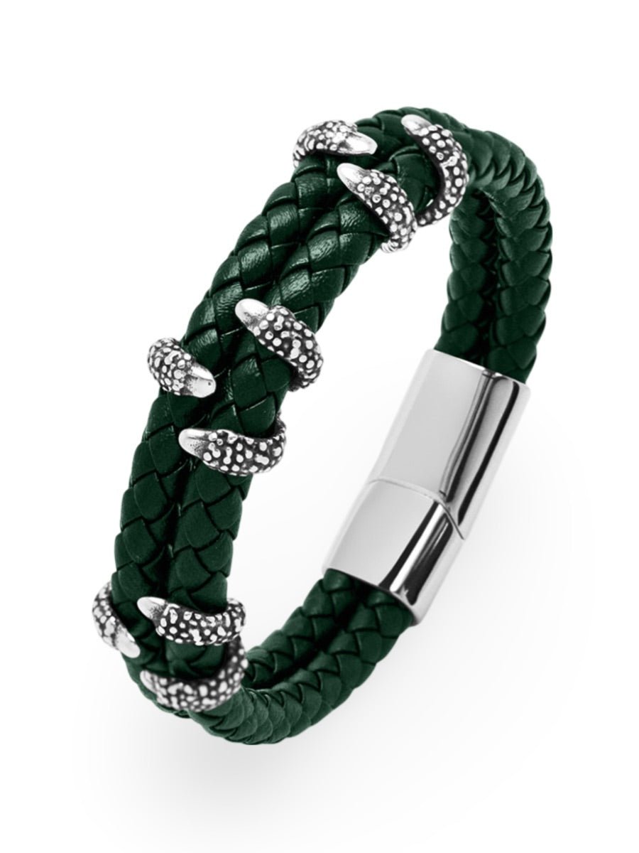 Bracelet homme cuir tressé, griffes en acier, style rock, modèle Silvère - Bracelet - Vert S