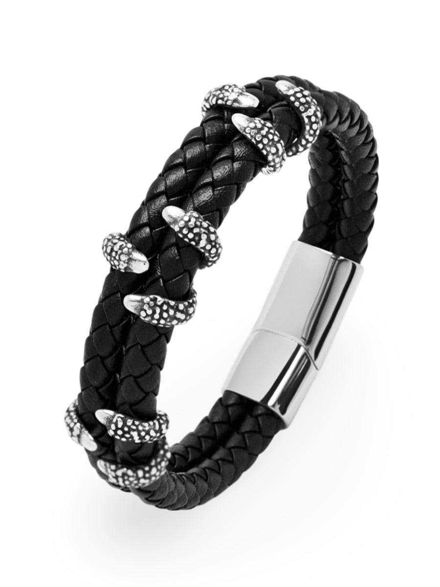 Bracelet homme cuir tressé, griffes en acier, style rock, modèle Silvère - Bracelet - Noir S