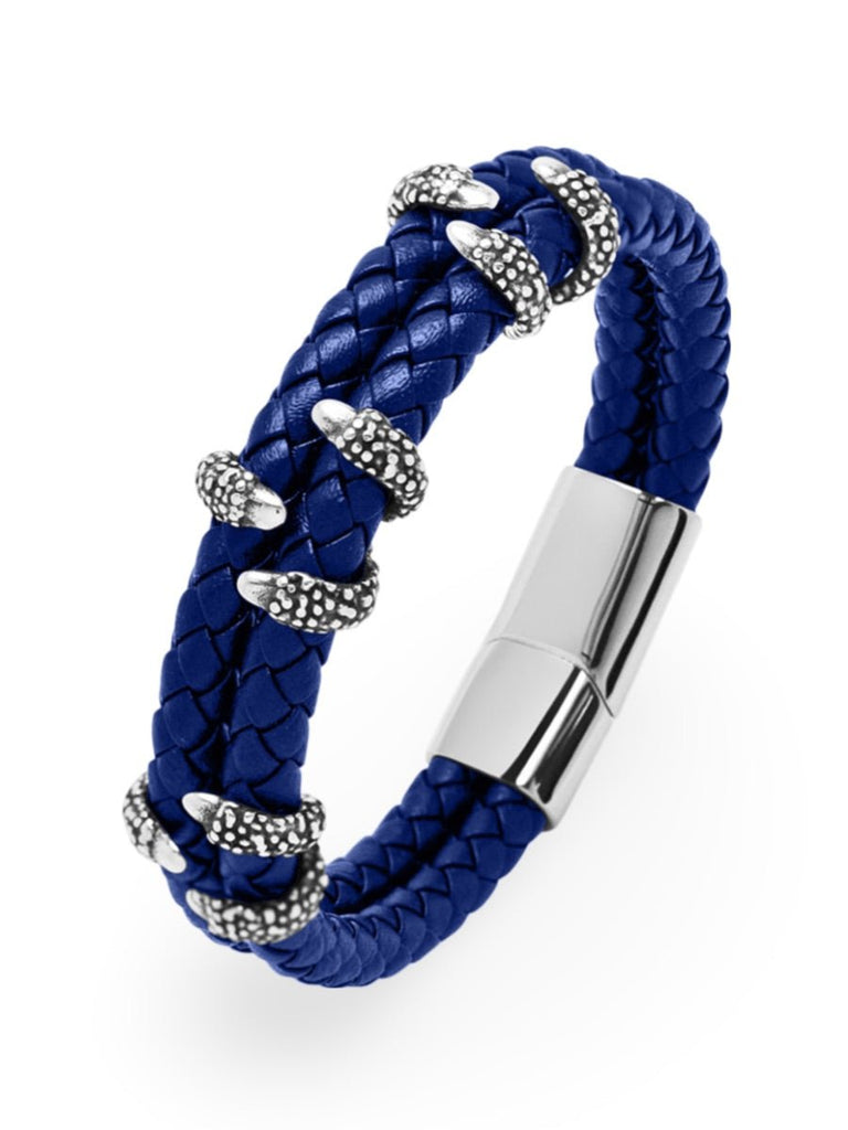 Bracelet homme cuir tressé, griffes en acier, style rock, modèle Silvère - Bracelet - Bleu S