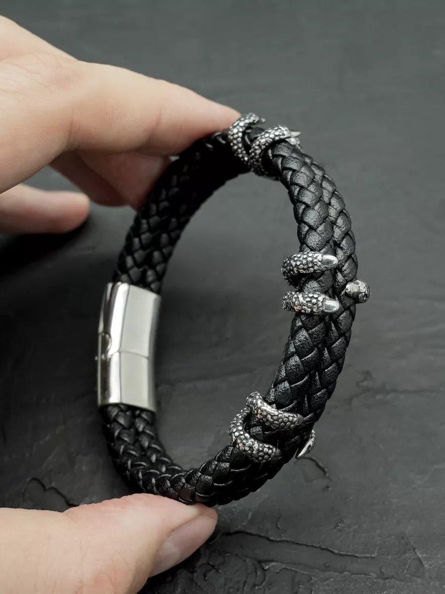 Bracelet homme cuir tressé, griffes en acier, style rock, modèle Silvère - Bracelet - Noir S