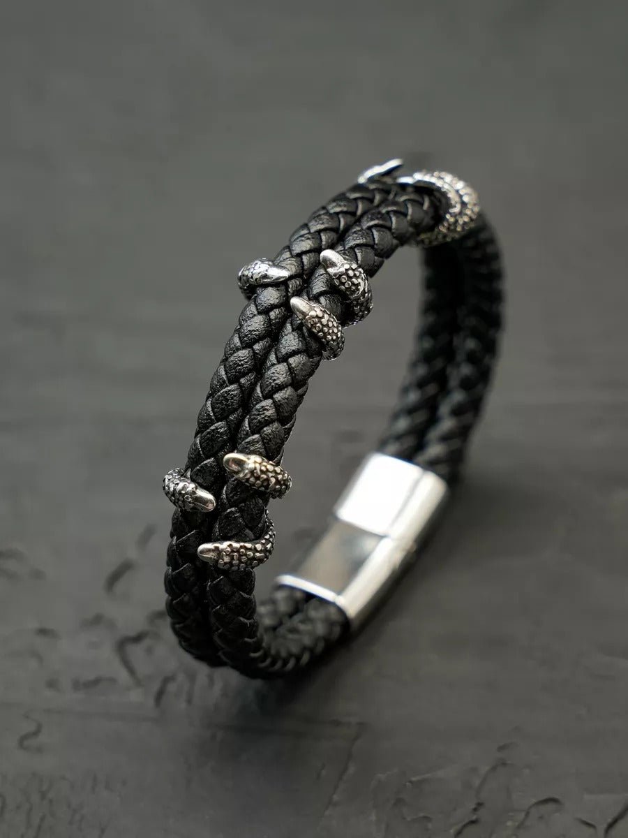 Bracelet homme cuir tressé, griffes en acier, style rock, modèle Silvère - Bracelet - Noir S