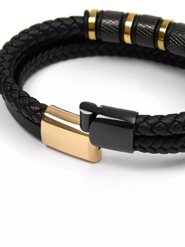 Bracelet homme cuir tressé noir, titane, fermoir magnétique, aux détails dorées, modèle Oscar - Bracelet - Noir et or S