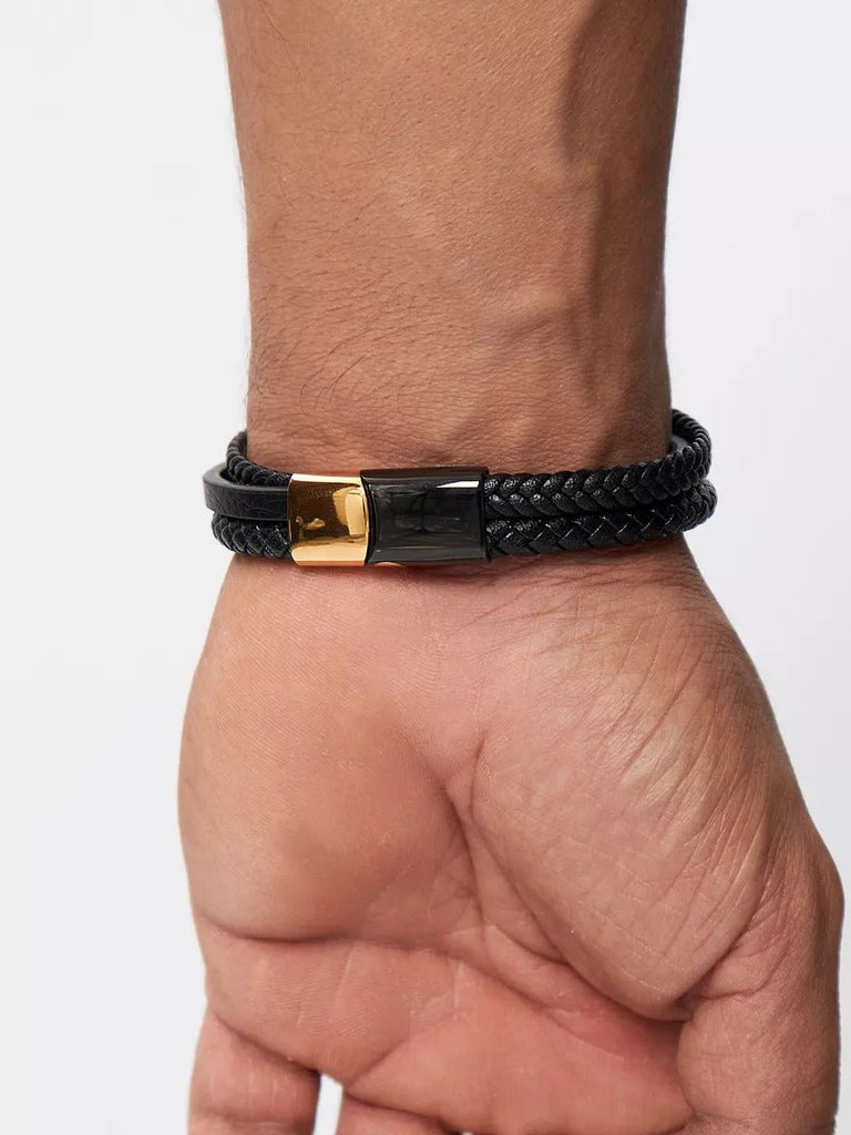 Bracelet homme cuir tressé noir, titane, fermoir magnétique, aux détails dorées, modèle Oscar - Bracelet - Noir et or S